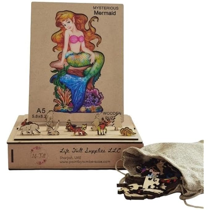 WOODEN JIGSAW PUZZLES, 3D WOODEN ANIMALS SHAPED PUZZLES, BEST GIFT FOR ADULTS AND KIDS DIY PUZZLE PIECE, COLORFUL UNIQUE SHAPED MERMAID PUZZLES A5-5.8 X 8.2 IN - Image 2